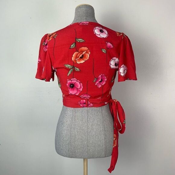Forever21 Red Floral Crop Wrap‎ Top Tie Waist - Picture 5 of 8